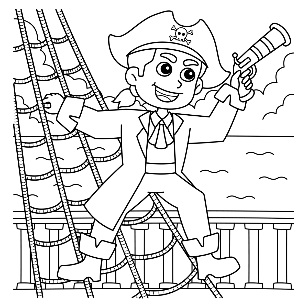 Pirata subindo nas cordas do navio para colorir