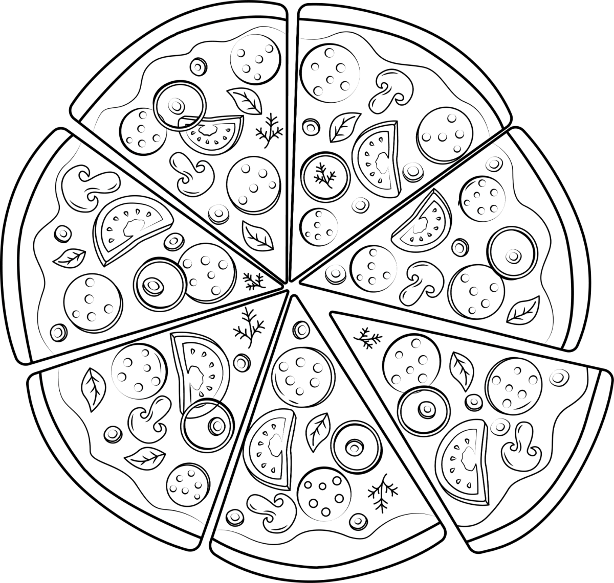 Pizza de vegetais cortada em fatias para colorir