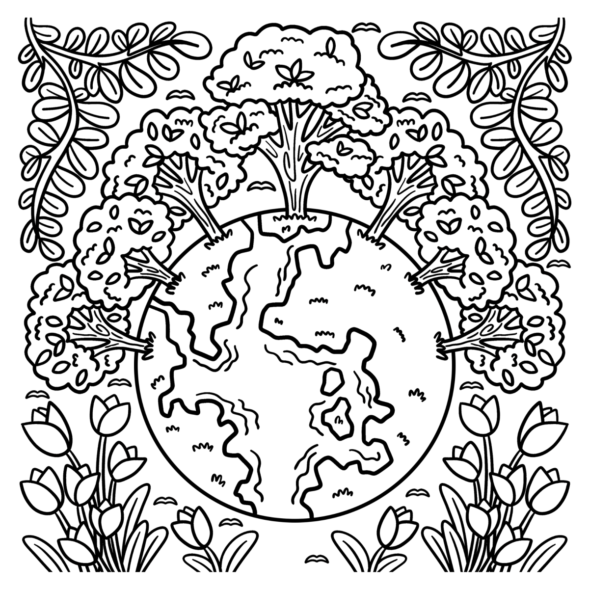 Planeta Terra cercado de flores e árvores para colorir
