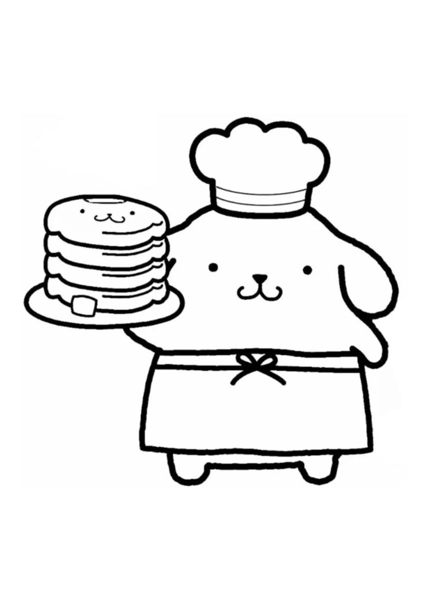 Pompompurin chef com torre de panquecas para colorir