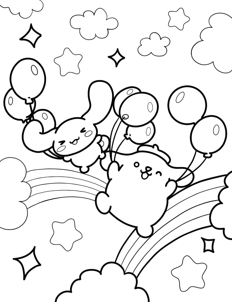 Pompompurin com balões no arco-íris para colorir