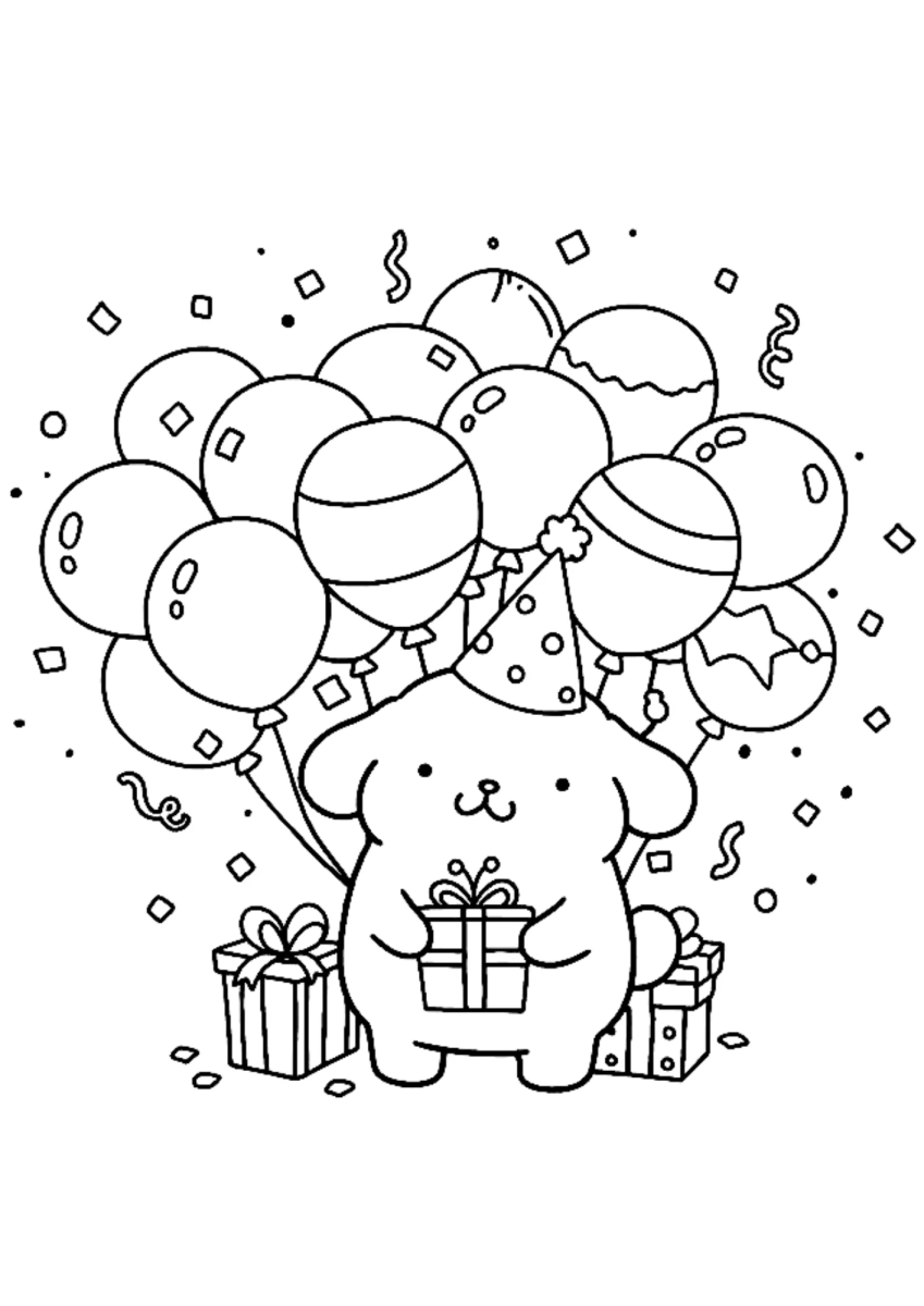 Pompompurin com muitos balões e presentes para colorir