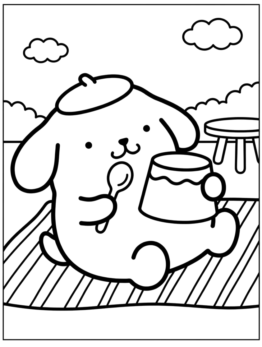 Pompompurin comendo pudim no chão de madeira para colorir
