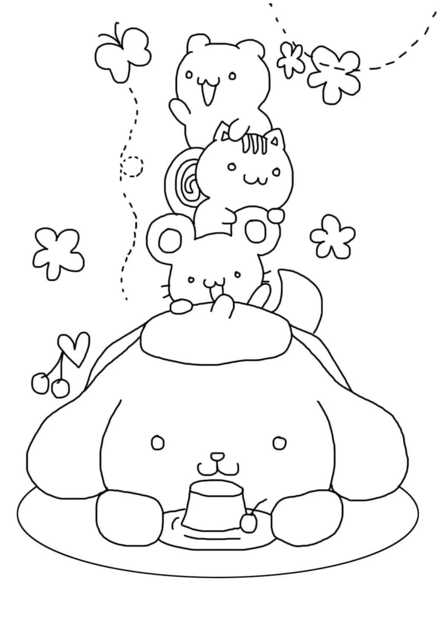 Pompompurin de boina com os amigos para colorir