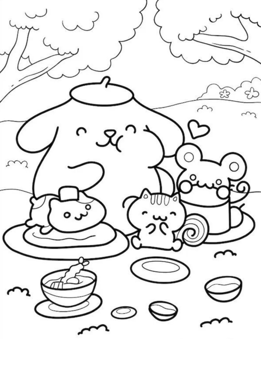 Pompompurin e Cinnamoroll na mesa de doces para colorir