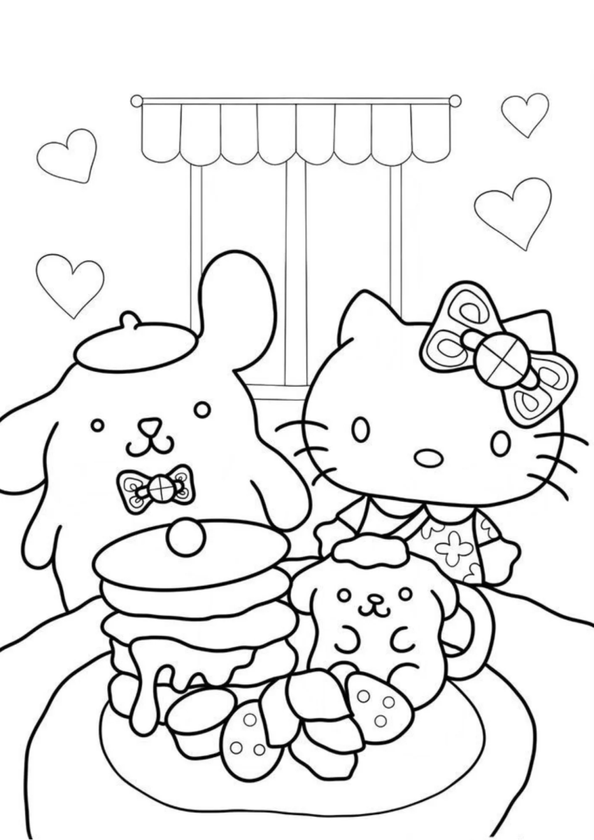 Pompompurin e Hello Kitty comendo panquecas para colorir
