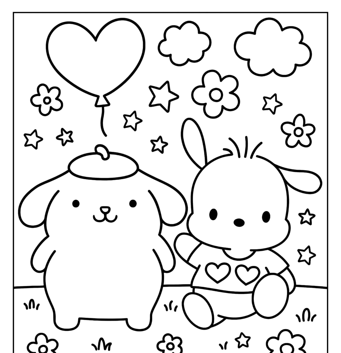 Pompompurin e Pochacco entre flores para colorir