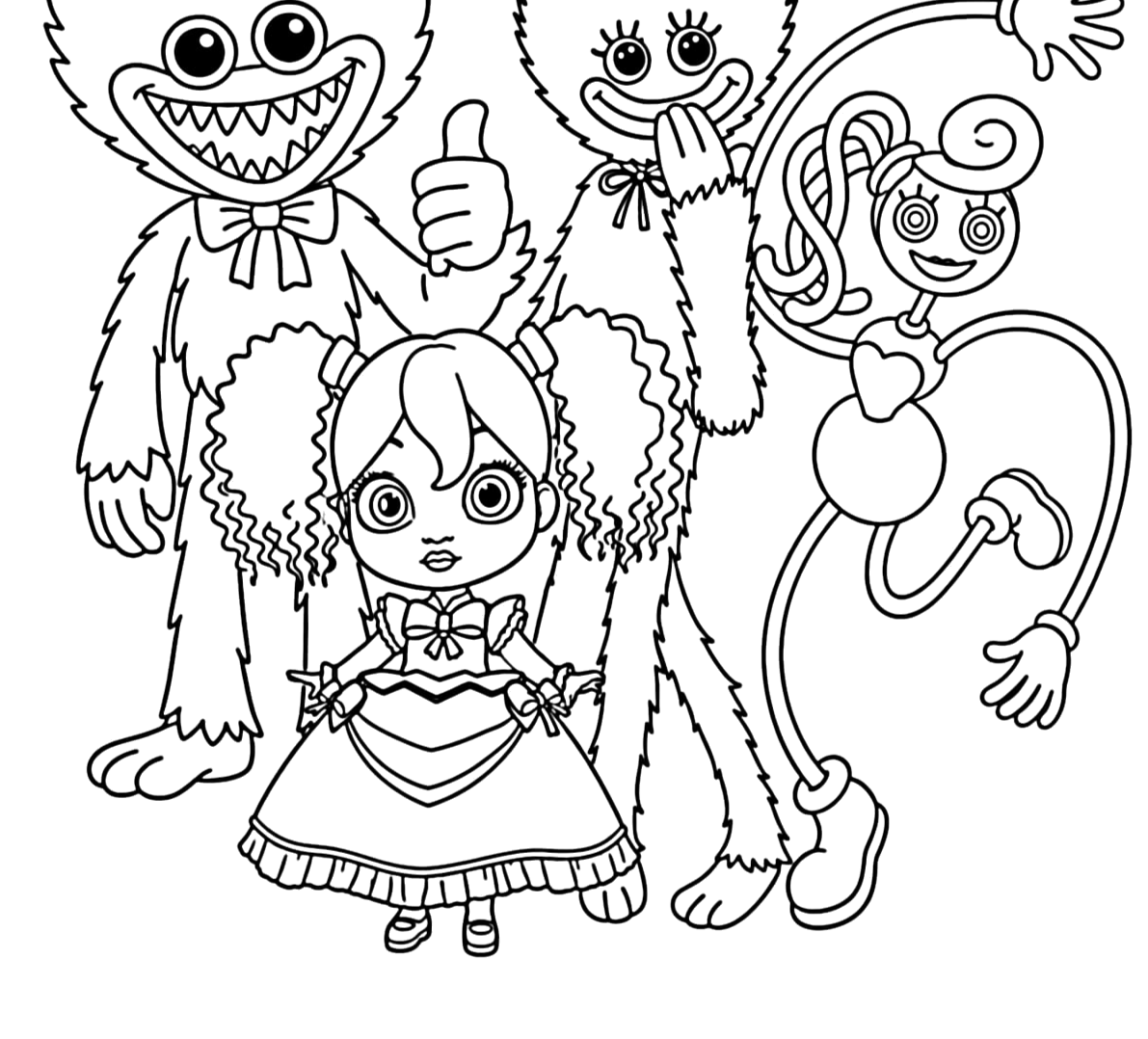 Poppy com Huggy Wuggy, Kissy Missy e Mommy Long Legs para colorir