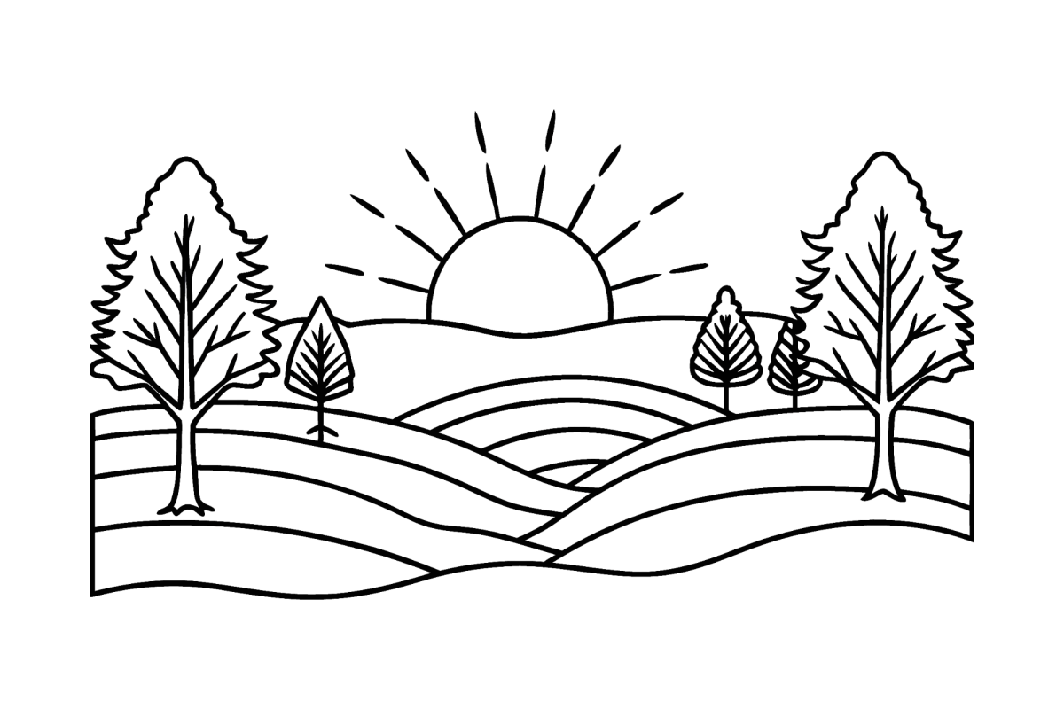 Pôr do sol sobre as colinas e os campos para colorir