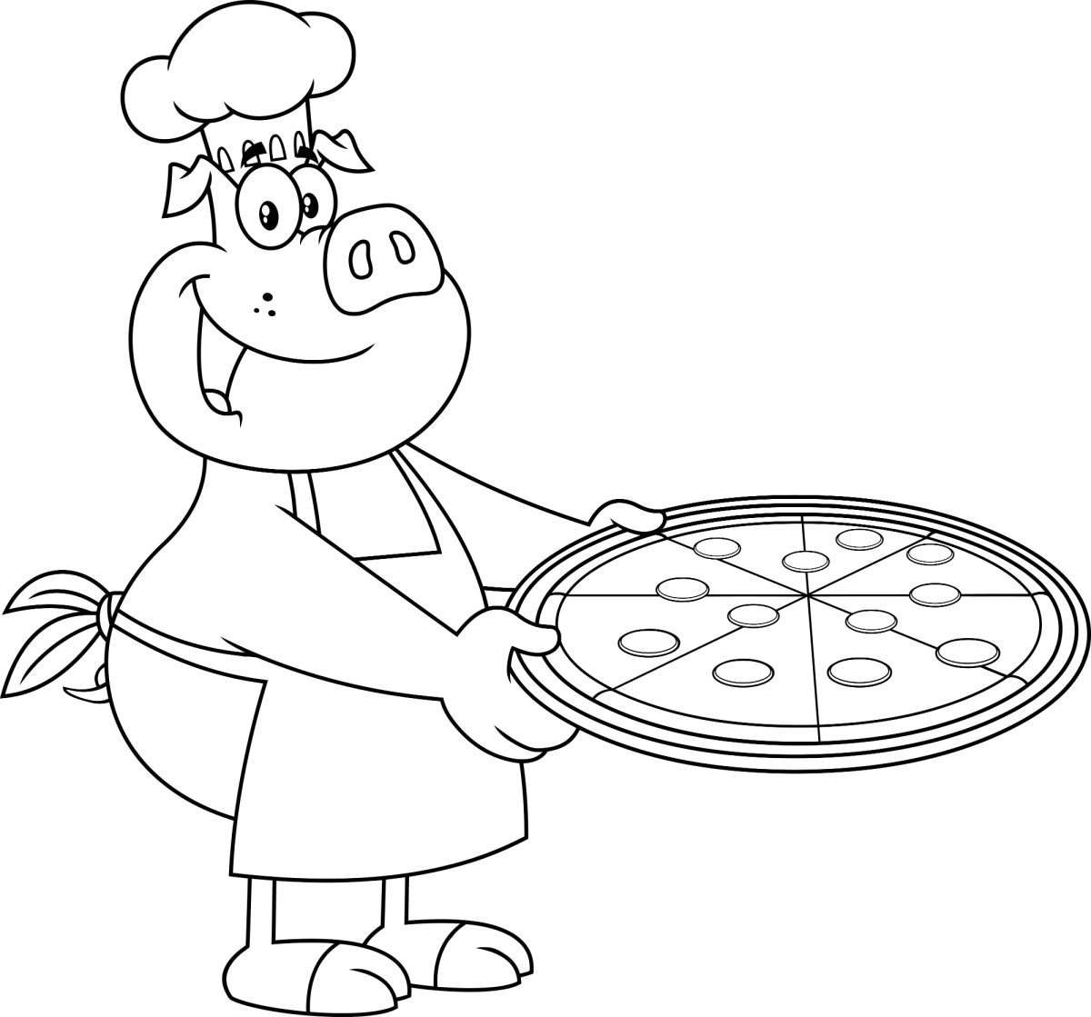 Porquinho pizzaiolo com a pizza pronta para colorir