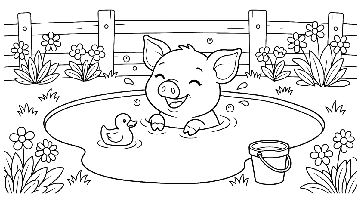 Porquinho se refrescando na piscina de quintal para colorir