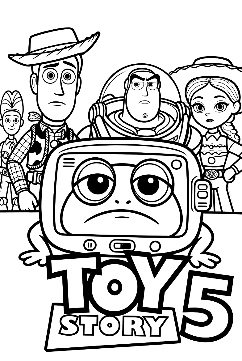 Pôster de Toy Story 5 com a turma completa para colorir
