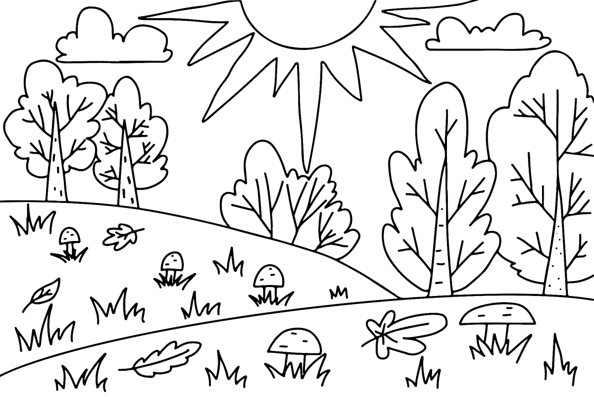 Prado florido com árvore e sol radiante para colorir
