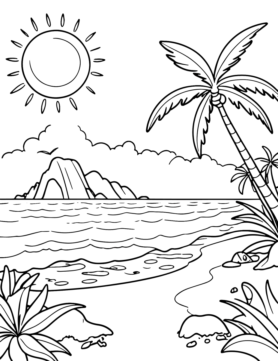Praia com montanhas ao fundo para colorir