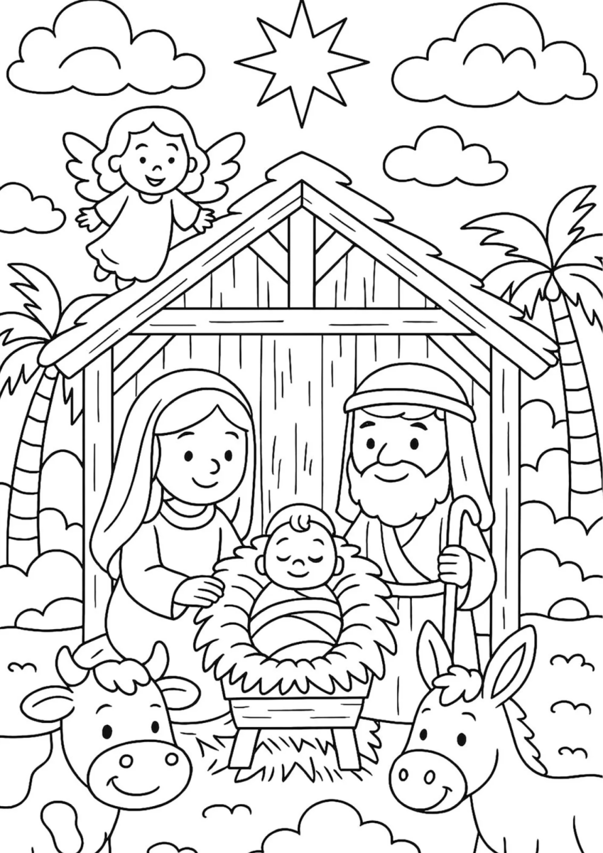 Presépio com anjo sobre o estábulo e a estrela de Belém para colorir