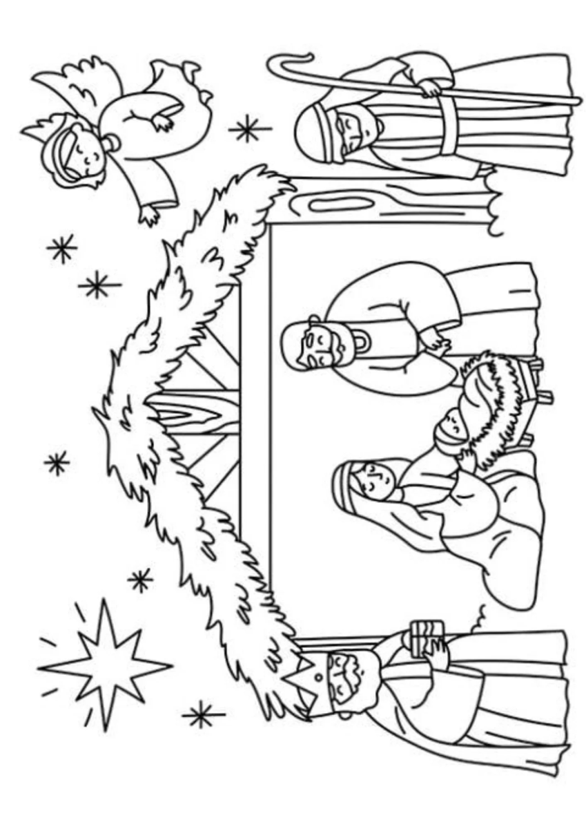 Presépio com guirlanda, anjo e os Reis Magos para colorir
