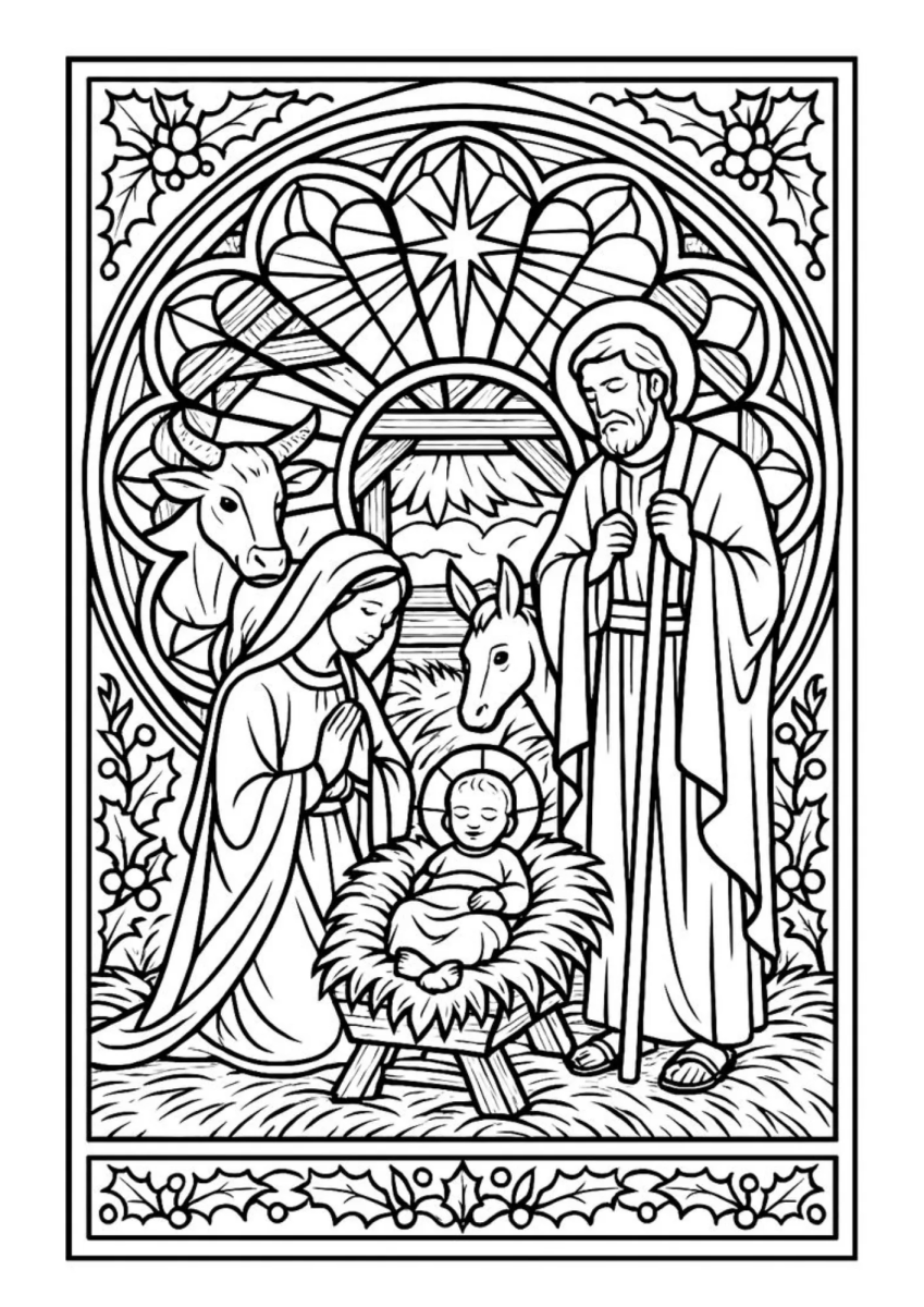 Presépio em vitral com a Sagrada Família para colorir