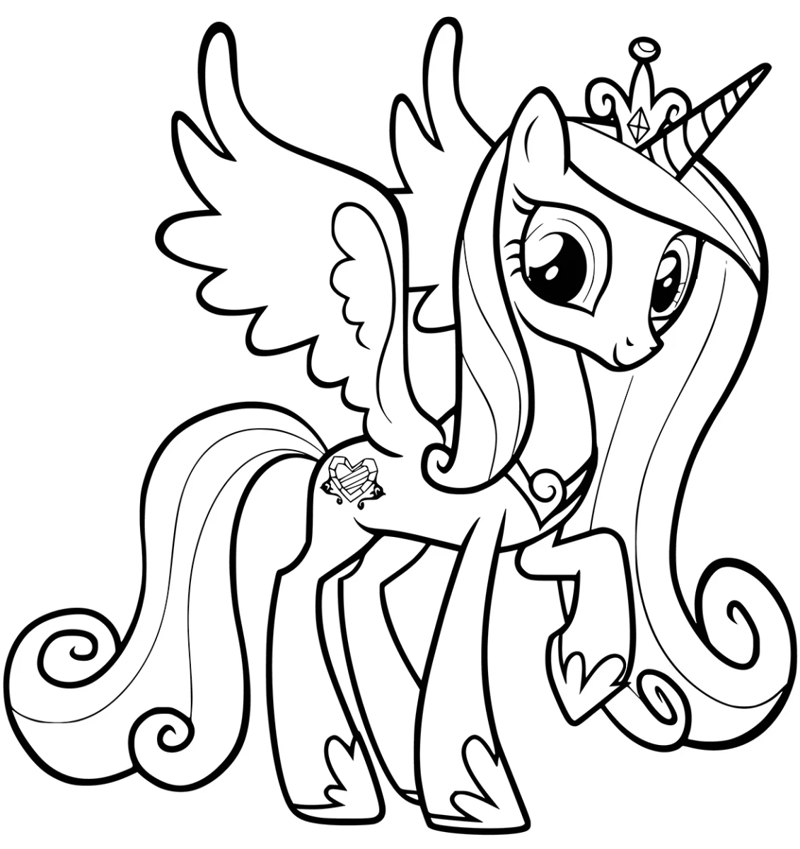 Princesa Cadance com a coroa e as asas abertas para colorir
