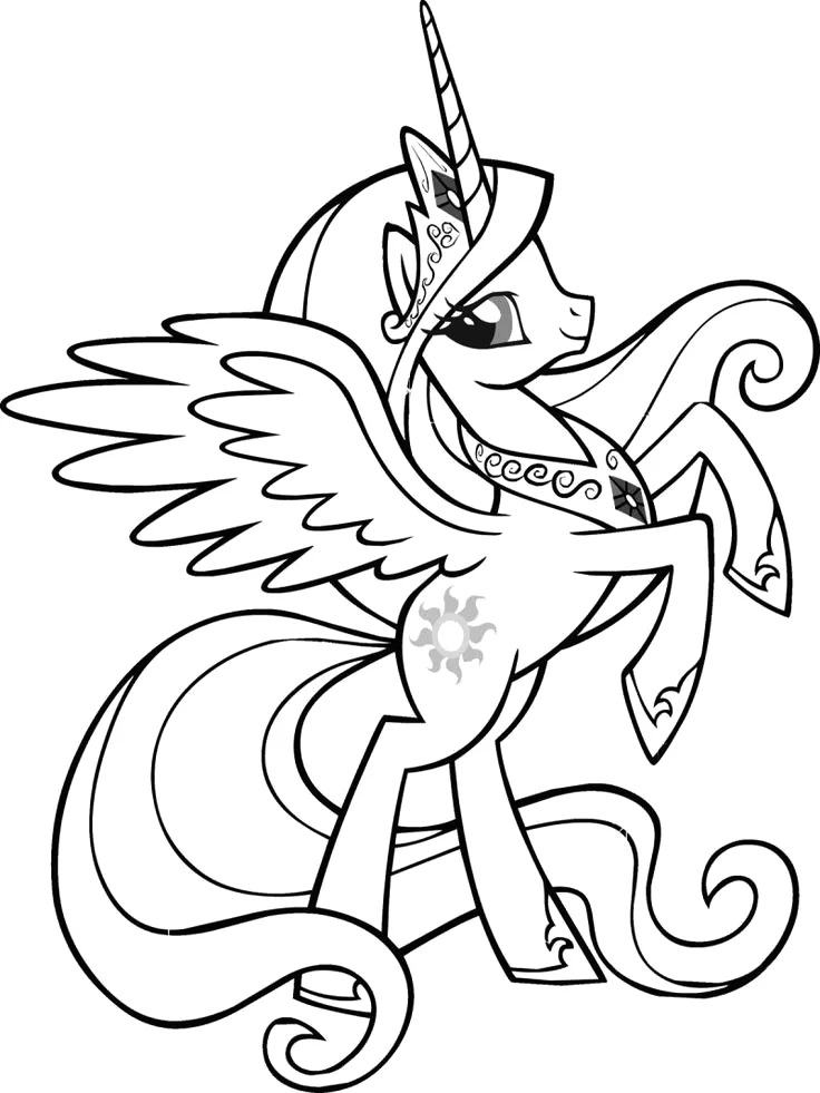 Princesa Celestia empinando com as asas abertas para colorir