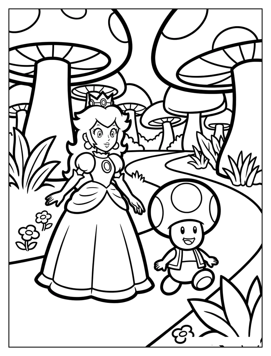 Princesa Peach e Toad no Reino dos Cogumelos para colorir