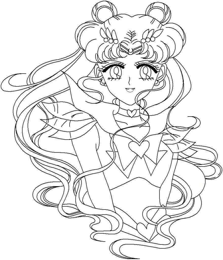 Princesa Serenity com seus longos cabelos para colorir
