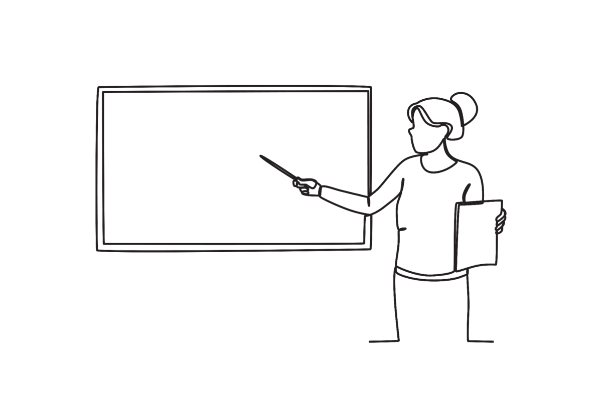 Professora apontando para o quadro branco para colorir