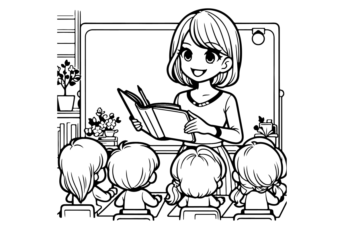 Professora com os alunos na frente da lousa para colorir