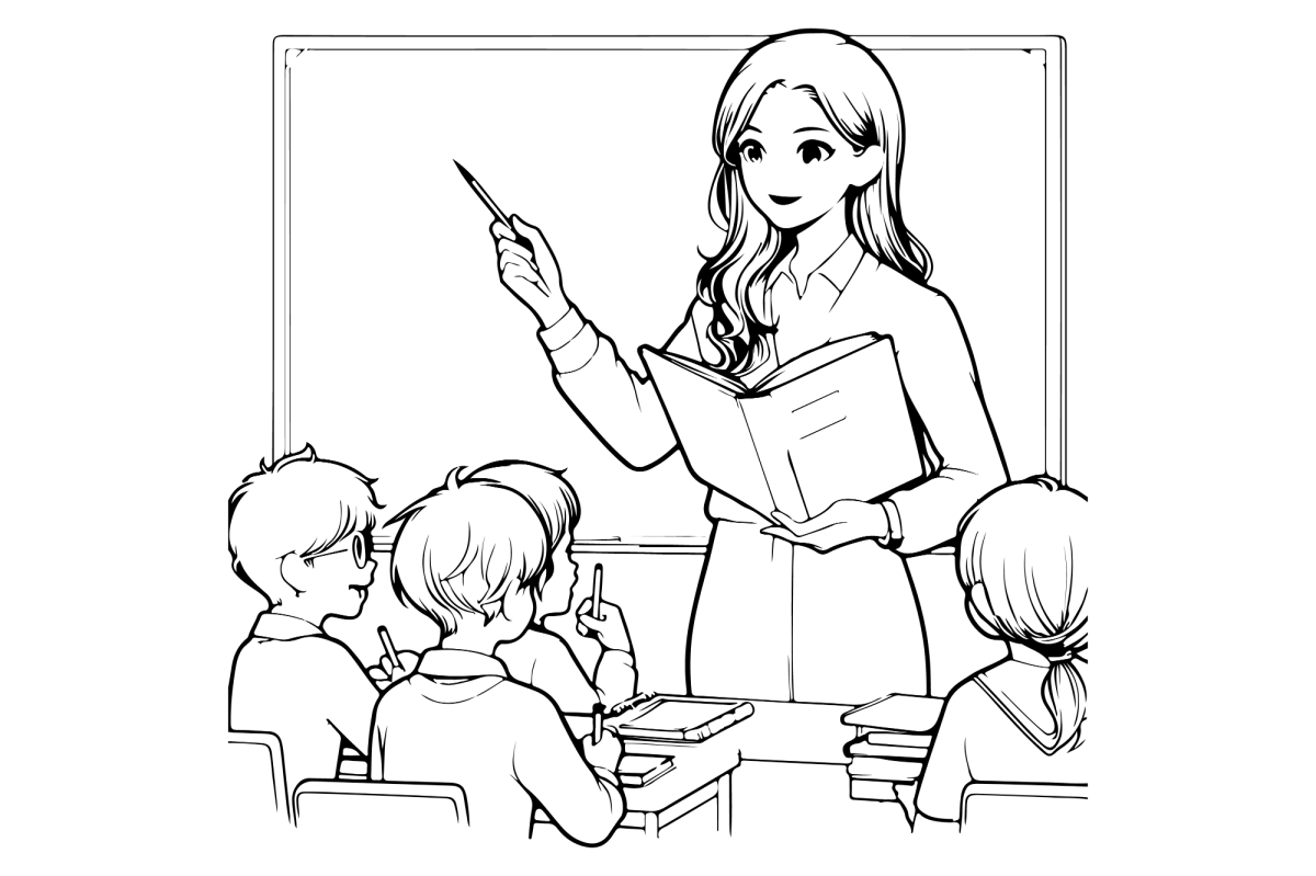 Professora dando aula para a turma para colorir