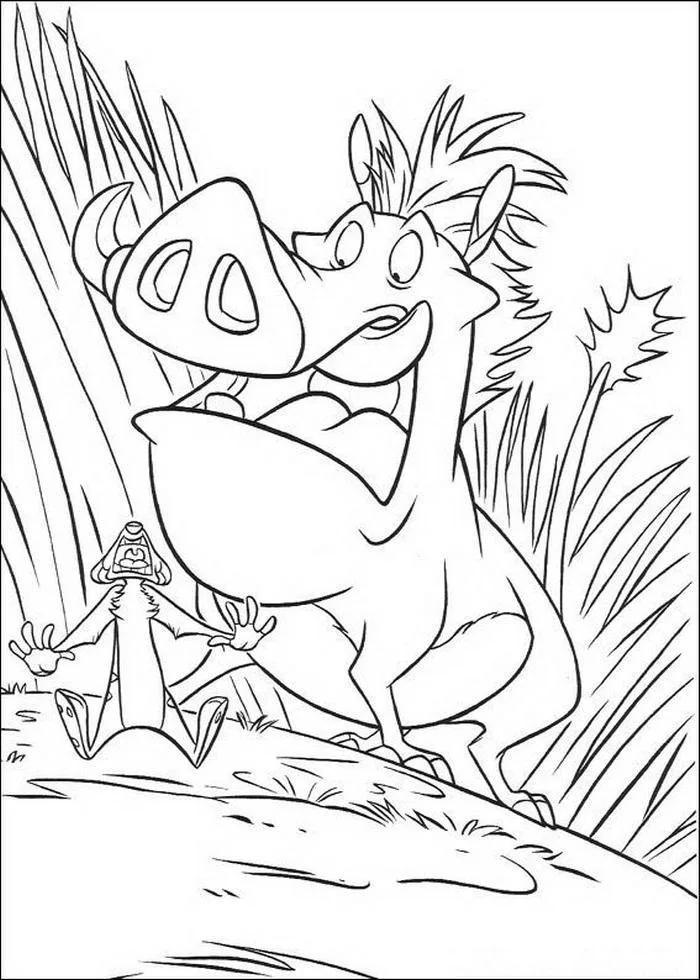 Pumba sorrindo entre as plantas para colorir