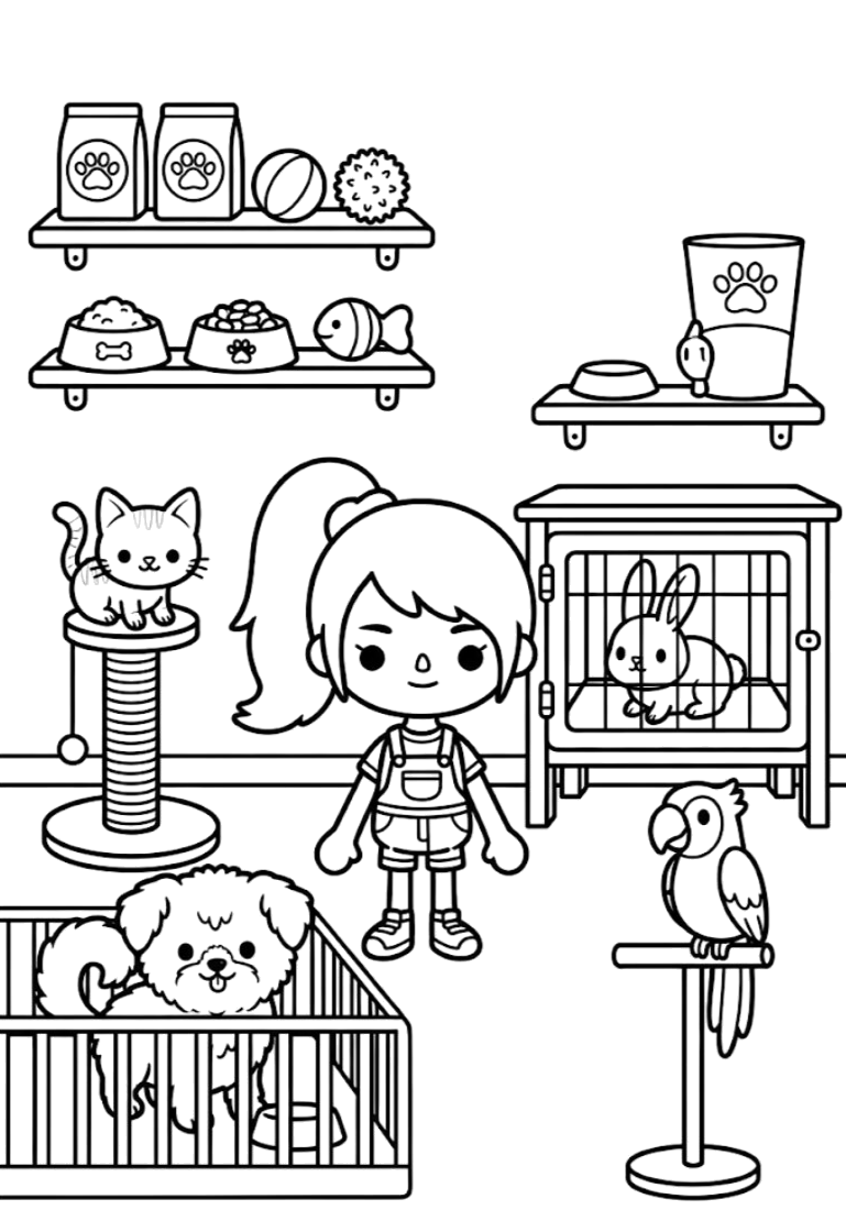 Quarto do Toca Boca com estante, brinquedos e gatinho para colorir