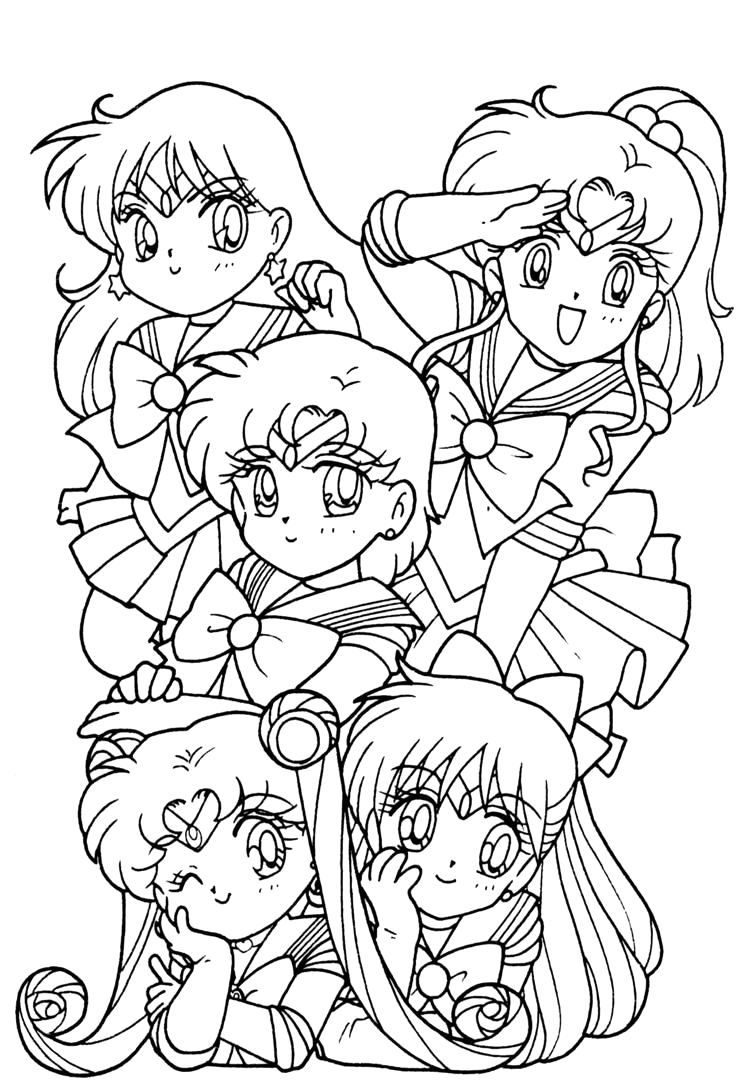 Quatro Guerreiras Sailor em versão chibi para colorir