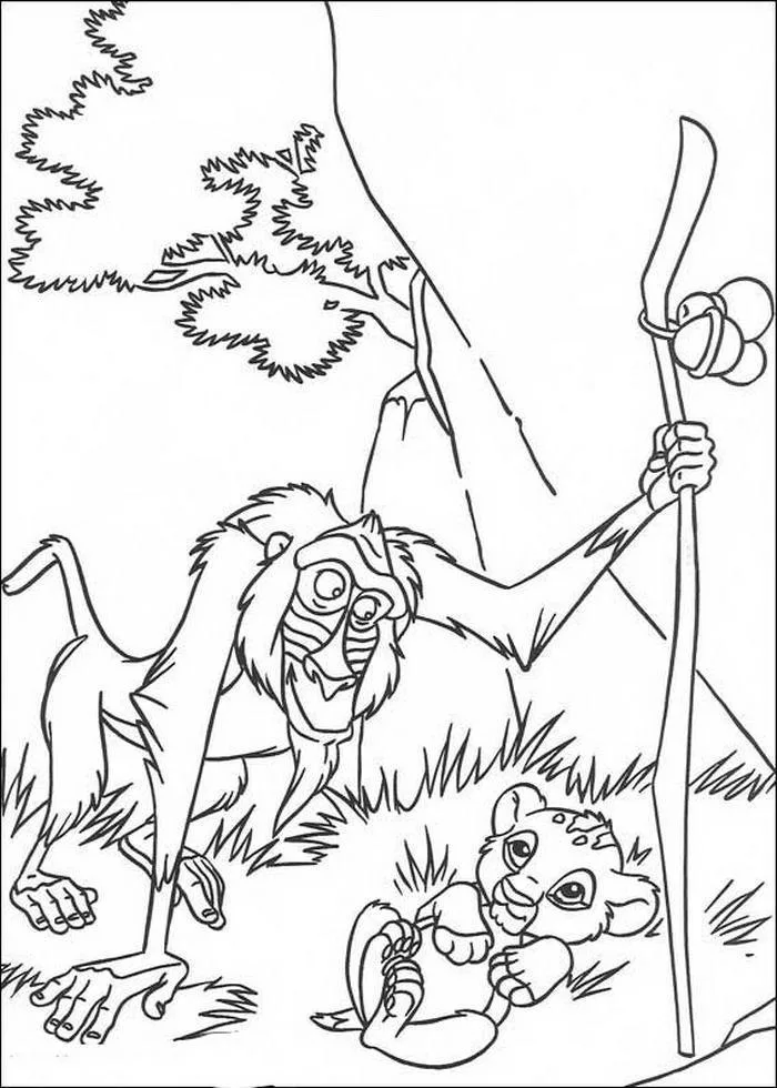 Rafiki com seu cajado e Simba para colorir