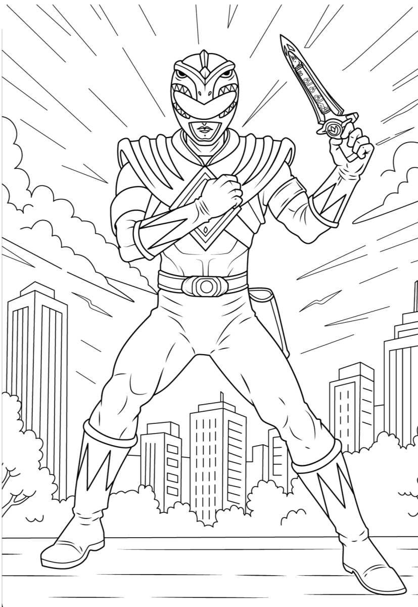 Ranger Branco com a espada na cidade para colorir