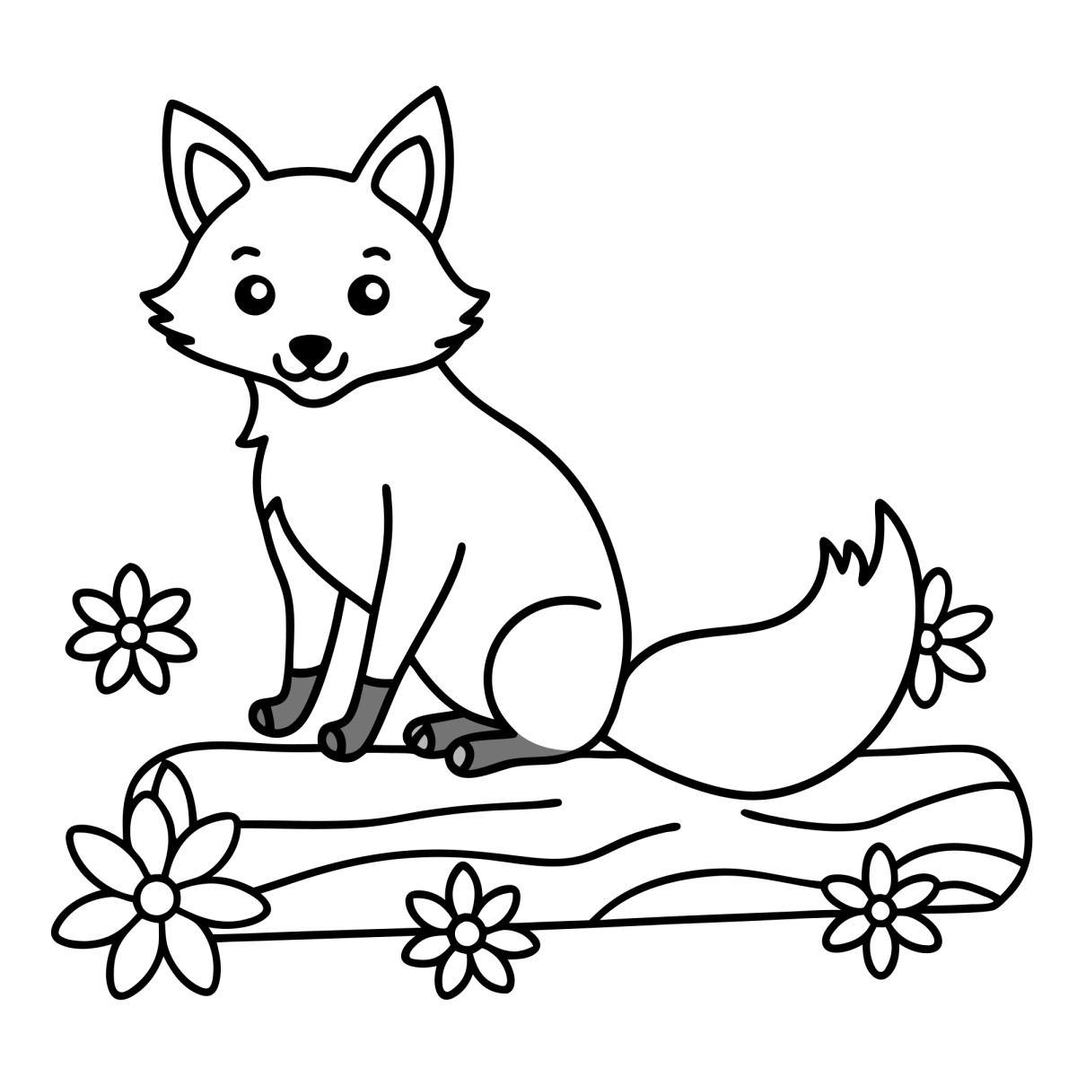 Raposa sentada no tronco com flores para colorir