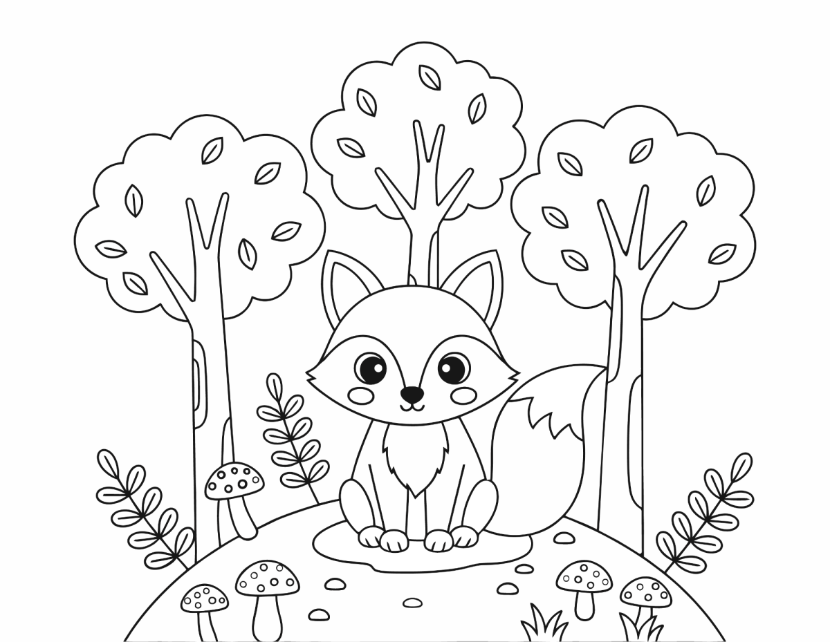 Raposinha fofa na floresta entre as árvores para colorir