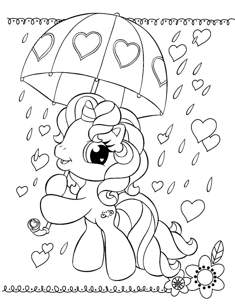 Rarity com guarda-chuva de corações na chuva para colorir