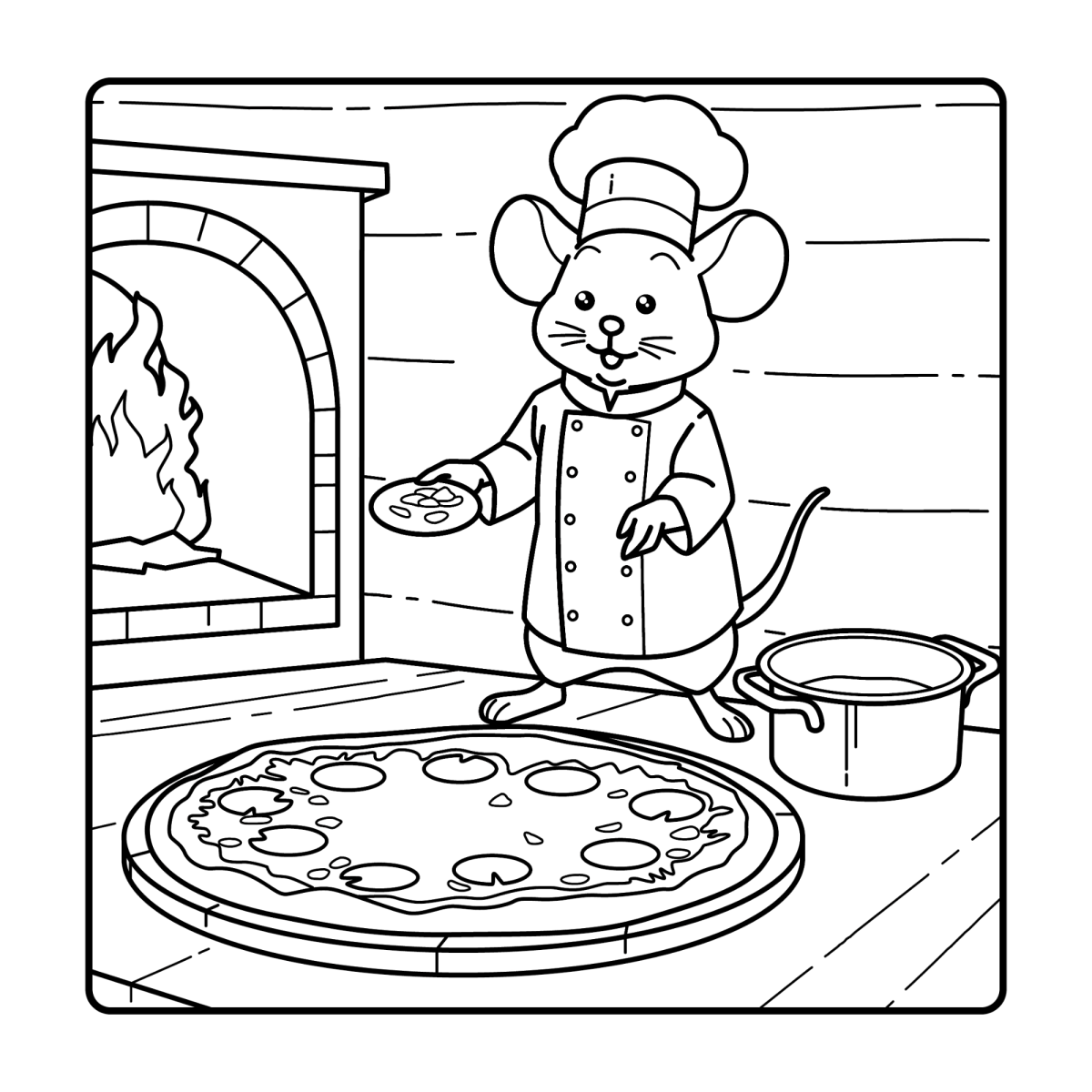 Ratinho chef preparando pizza no forno a lenha para colorir
