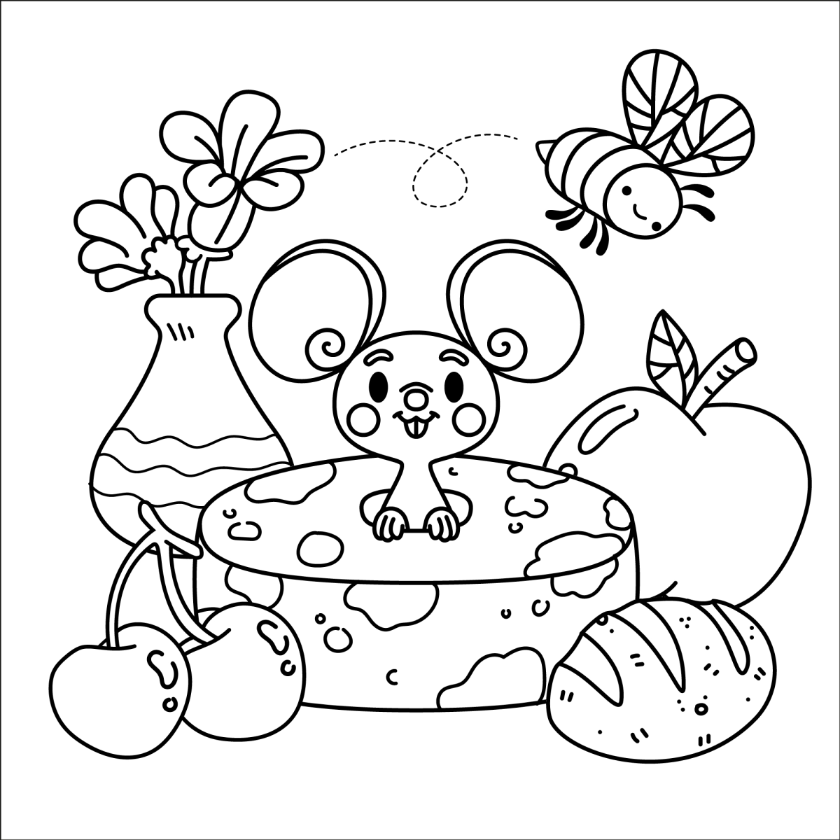 Ratinho com livros, maçã e frutas para colorir