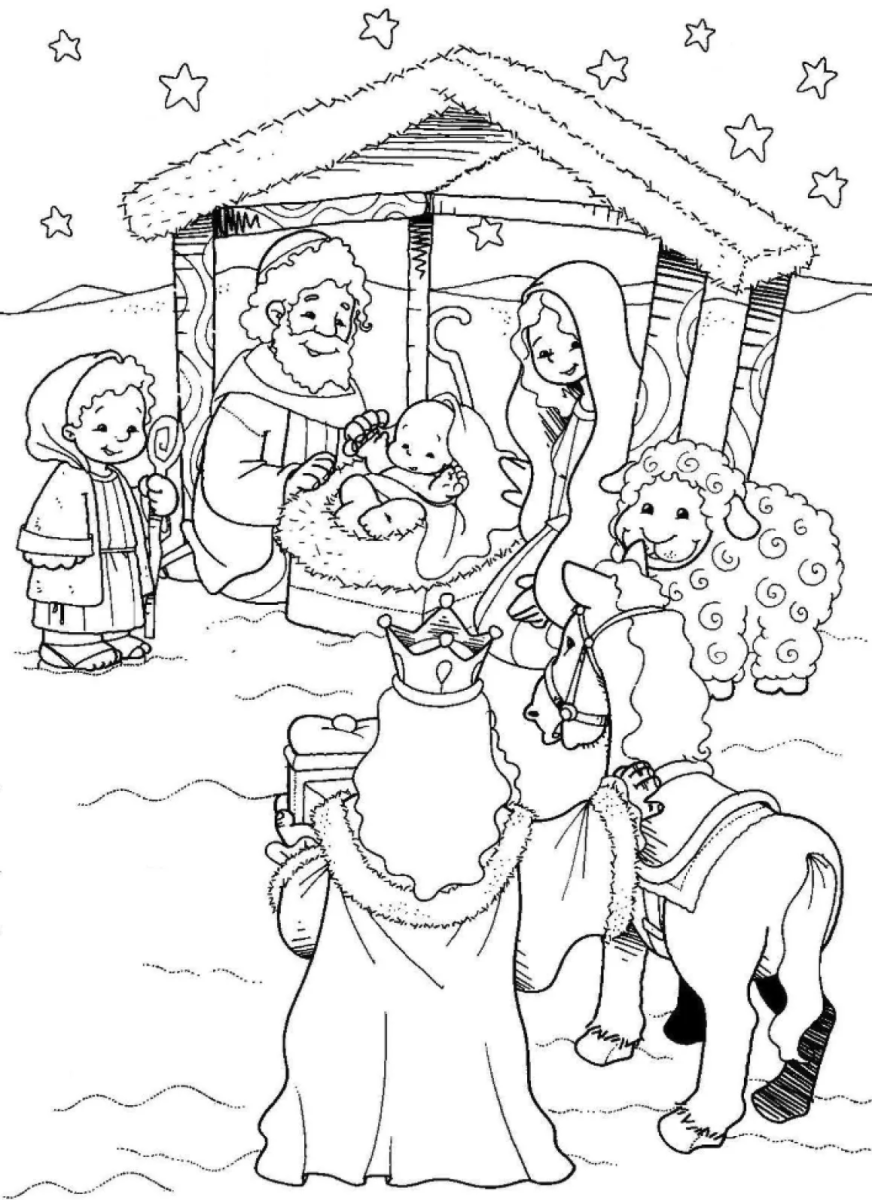 Reis Magos chegando ao estábulo com o camelo para colorir