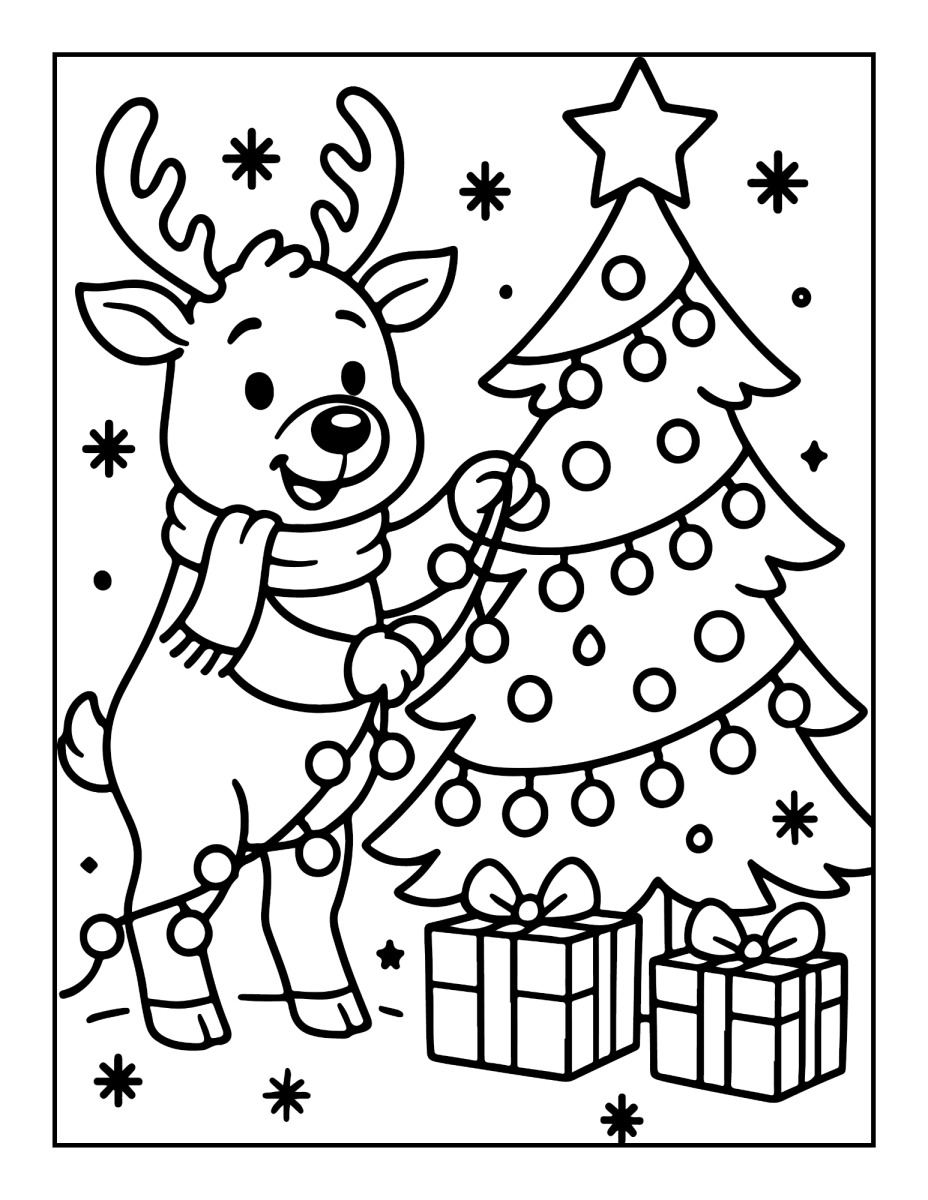 Rena enfeitando a árvore de Natal para colorir