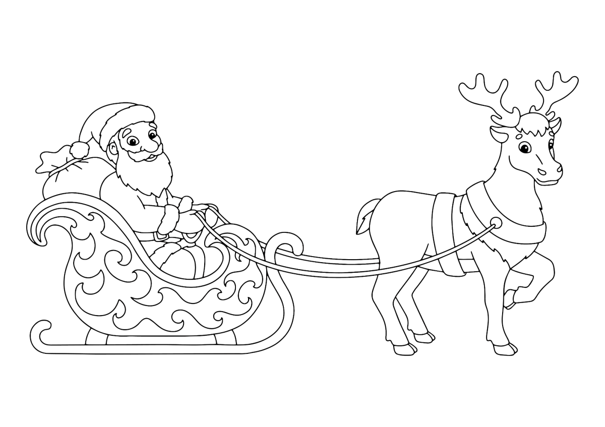 Rena puxando o trenó com Papai Noel sentado para colorir