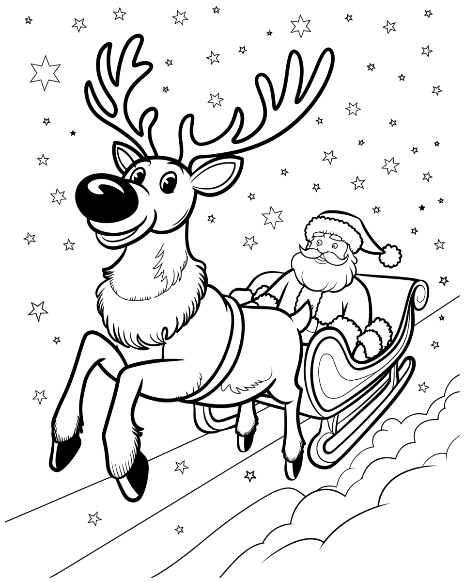 Rena puxando o trenó do Papai Noel na neve para colorir
