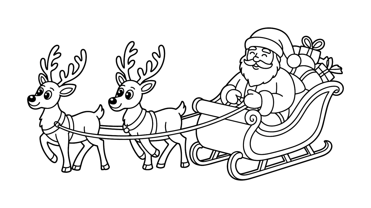 Renas galopando com o trenó do Papai Noel para colorir