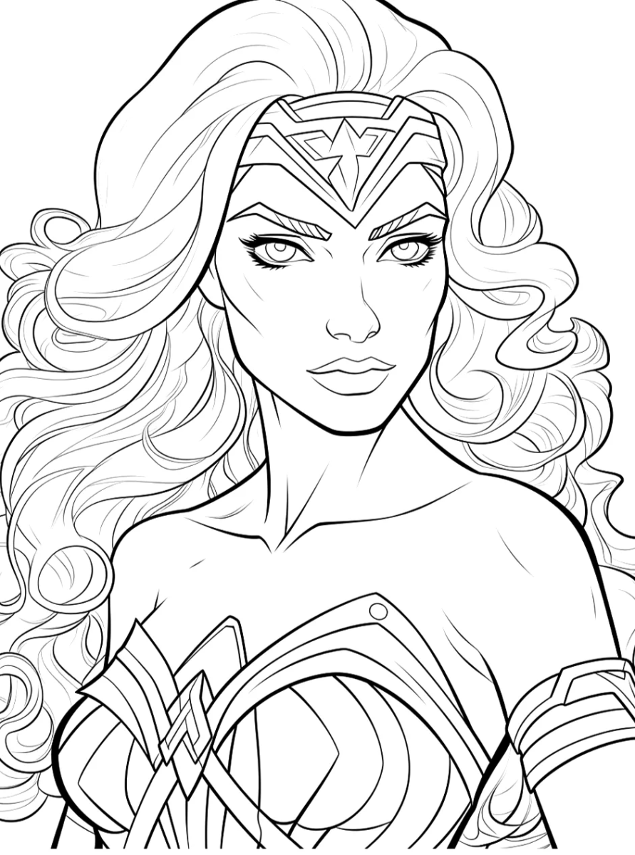 Retrato da Mulher-Maravilha com cabelo cacheado para colorir