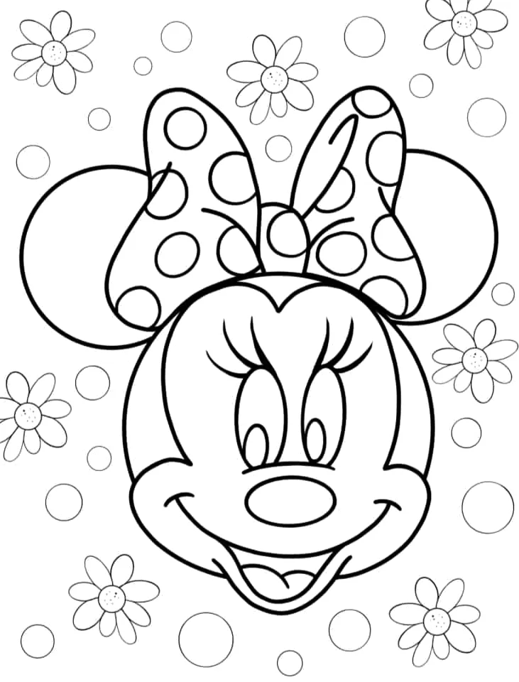 Rosto da Minnie entre flores para colorir