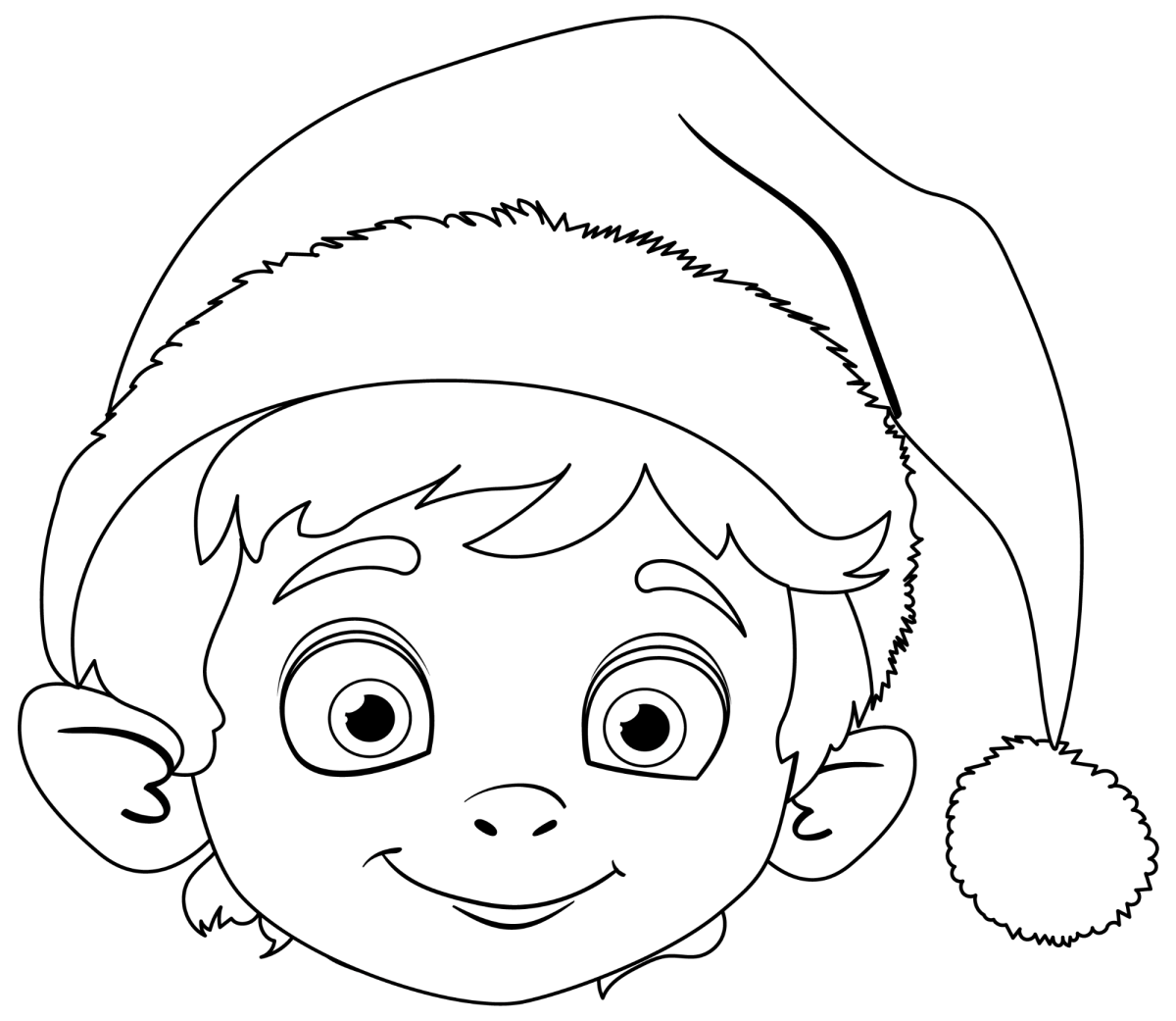 Rosto de duende menino sorrindo de gorro para colorir