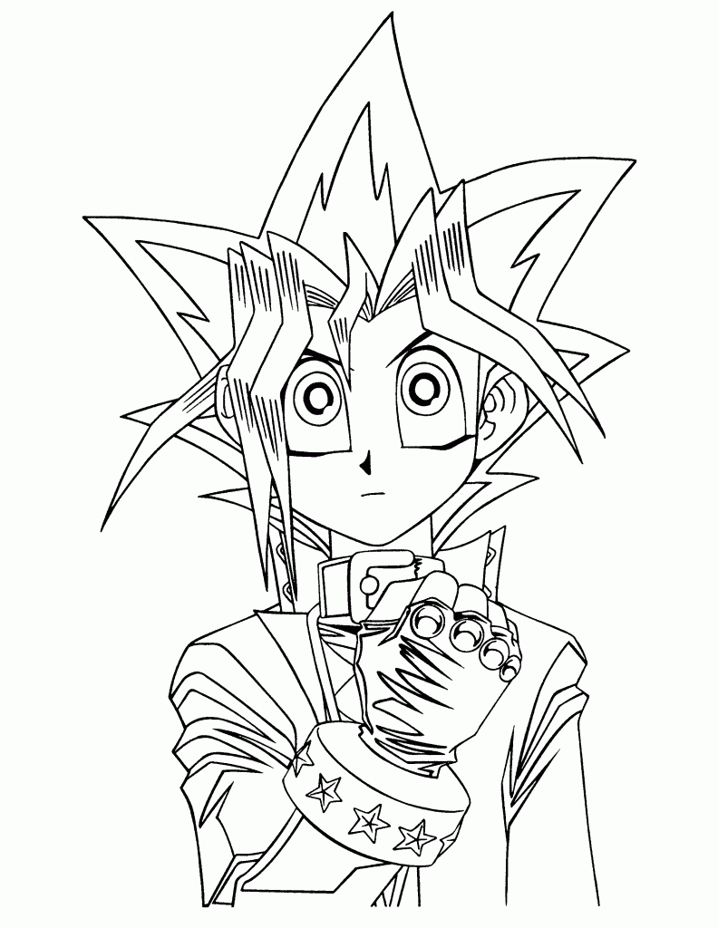 Rosto de Yugi com cabelo espetado em close para colorir