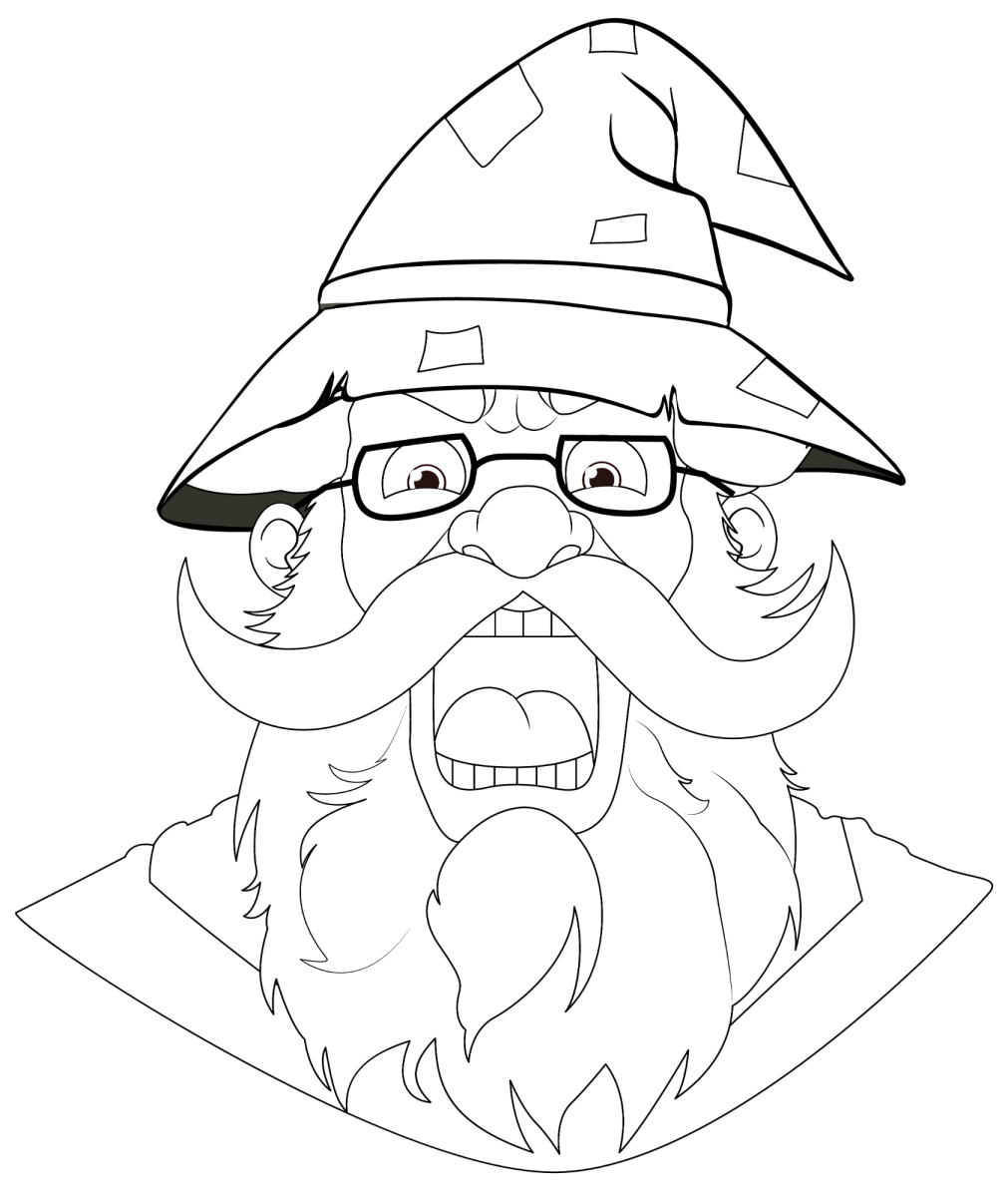 Rosto do velho mago de óculos e barba longa para colorir