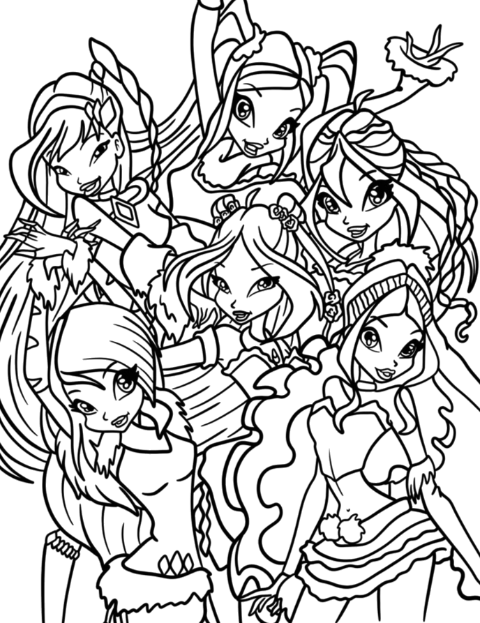 Rostos das fadas Winx sorrindo juntas para colorir
