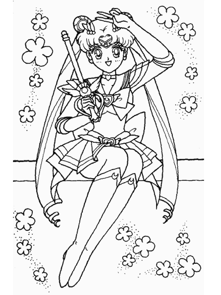 Sailor Moon cercada de flores para colorir